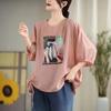 Verano Nuevo Estilo Encaje Manga Media Cuello Redondo Estampado Nueva Moda Estilo Coreano Suelto Fruncido Ajustado Casual Camiseta para Mujer