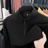 Camiseta Moletom de Veludo Dupla Face Manga Longa Outono e Inverno Masculino com Zíper Gola Alta Meia Quente Forro de Veludo Alemão Camisa Básica Casual