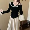 Cardigan Ladylike com Gola de Renda Elegante e Sofisticado Outono 2025 Novo Estilo Coreano Versátil Emagrecedor Tricô Casual para Mulheres