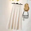 Saia Tricô Média Inspirada no Design Kaning para Outono e Inverno Feminina, Cintura Elástica, Cor Sólida, Textura Linha A, Meia-Saia Camada