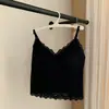 Camisola estilo francés de encaje con escote en V, copas fijas sin costuras, transpirable, ajuste ceñido, versátil, de longitud larga, hermoso diseño de espalda