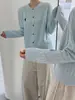 Cárdigan de Punto Azul con Cuello Redondo para Mujer, Nuevo Estilo 2026 Suéter de Lana con Punto Trenzado y Logo de Caballo Bordado