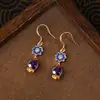 Brincos de Prata 925 com Pino Estilo Chinês Geométricos Feitos à Mão Ametista Natural Flor de Camélia Studs para Mulheres Qipao Hanfu Ganchos de Orelha