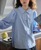 Camisa Azul Retrô Francesa de Outono com Mangas Bufantes e Colarinho Fold-Down, Blusa de Manga Longa para Mulheres, Corte Justo, Estilo Elegante para o Trabalho