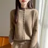 Suéter versátil de lã pura de abotoamento simples para mulheres, inverno (qizhi - temperamento/aura) cardigã de malha com gola semi-alta para mulheres, suéter quente para usar como base