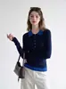Elegante suéter de punto con cuello polo azul marino de color contrastante para mujer, primavera y otoño, casual y elegante, capa base suave y acogedora 9208