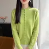 Cardigan de tricô jacquard com trama vazada e gola alta, suéter feminino off-white, estilo suave, peça externa fina elegante de manga longa
