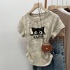 Elegante Camiseta de Manga Corta con Estampado de Gato en el Hombro Derecho para Mujer Verano Sexy Cintura Plisada Algodón Puro Corta Tie-Dye