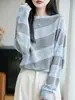 Nuevo Suéter de Punto Tencel Lino Hombros Descubiertos Manga Larga para Mujer Calado Bloque de Color Camiseta Base Top Otoño/Invierno 2026