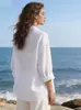Cross2026 Camisa Casual de Color Sólido Nueva para Primavera y Otoño Camisa de Algodón y Lino Elegante de Manga Larga con Botones para Mujer Europea y Americana