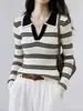Suéter de Punto Sin Mangas Color Block Rayado con Cuello Polo Estilo Coreano para Mujer, Primavera, Otoño, Invierno, Corte Ajustado, Adelgazante, Suéter Superior de Abrigo