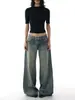 Jeans largo flare retro americano com lavagem desgastada e amassada para mulheres, primavera e outono, cintura baixa, modelagem que emagrece, solto, perna reta, calça comprida até o chão