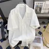 Camisa jacquard plisada de manga corta con cuello cubano no planchar para hombres y mujeres, top holgado estilo boyfriend de manga media estilo japonés