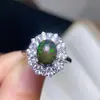 Anel de Opala Negra Iridescente Natural, Pedra Principal Grande 7*9mm, Exquisitamente Cravejado em Prata Esterlina 925