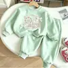 Conjunto de moletom com laço de desenho animado estilo Ins para meninas, com calça de moletom macia e elástica, roupa casual diária para bebês meninas