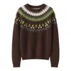 Suéter jacquard Fair Isle de lã australiana para mulheres, outono e inverno, estilo casual, pulôver, curto, manga longa, modelagem solta, camada base