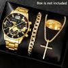Reloj Popular para Hombre Transfronterizo Joyería de Cruz Set de 4 Piezas Reloj con Correa de Acero Tendencia de Moda para Hombre Calendario Reloj de Cuarzo