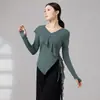 Conjunto de práctica de danza moderna para mujer, top de manga larga irregular con paneles de malla en la parte delantera y trasera, ropa de entrenamiento corporal diario para estudiantes de danza