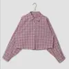 Camisa Xadrez Elegante Coreana Outono 2026 com Lapela Manga Curta e Longa para Mulheres, Camisola Fina Doce e Picante, Tendência de Estilo Preguiçoso