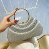Bolsa de noite de mão com borla de luxo brilhante prateada com strass e costura com miçangas, bolsa de noite elegante e moderna para mulheres