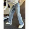 Jeans de Design High Street para Homens, Novo Estilo Outono, Cool e Estiloso, Cintura Elástica, Retrô Americano, Lavado, Casual, Calça de Corte Reto