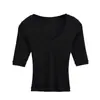 Camiseta Corta de Manga Media Hombro Caído Cuello en U Ajustada para Mujer Color Sólido Estilo Chica Francesa Caliente Top de Manga Corta para Mujer Verano SY9039