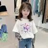 G2344# Camiseta Casual de Algodão para Meninas Falsa Duas Peças Manga Longa Nova Camisa Básica Infantil Estilo Ocidental Vestido de Outono
