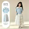 Conjunto de Moda para Niñas, Estilo Universitario, Tendencia Verano Nuevo Color Bloqueado Cuello Marino Camiseta de Manga Corta Vestido Conjunto para Niños Mayores