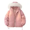 Jaqueta de algodão com capuz e gola grande de pelo para o inverno para casais, jaqueta puffer de corte solto com barra ajustável por cordão, jaqueta de algodão à prova de frio masculina