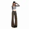 Pantalones largos de mujer de estilo americano, retro, color café, con forro polar cálido, de tiro bajo, acampanados, transfronterizos