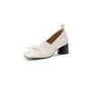 Versão em Couro de Vaca ~ Sapatos de Salto Alto Quadrados com Laço Retrô Francês para Mulheres, Sapatos de Boca Rasa, Sapatilhas de Salto Grosso, Sapatilhas Redondas