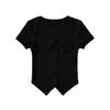 Camiseta de Verano Estilo Americano Retro Cuello Cuadrado Clavícula Manga Corta para Mujer Chicas Calientes Ajustada Adelgazante Diseño de Botones Top Corto