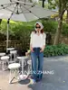 Calça jeans feminina Youji CZZHANG com retalhos e franjas estilosas, nova para o outono, perna larga, comprimento total C31013