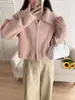 Casaco Cardigan de Tricô Macio Solto com Zíper Duplo, Gola Lapela, Patchwork de Veludo Falso Mínk - Novidade Outono/Inverno 2025 para Mulheres