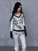 Camisa básica de manga comprida com estampa de caveira, corte justo, decote V, estilo de rua retrô, falso duas peças, color block, com múltiplas opções de cores
