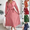 Foto Real de Vestido Largo Plisado de Cuello en V Cruzado con Lunares y Bloques de Color Elegantes Europeos y Americanos Otoño e Invierno Ropa Femenina Transfronteriza de Amazon