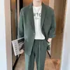 Conjunto de terno casual coreano fino de manga média, estilo leve e maduro para primavera e verão, jaqueta blazer moderna de corte solto para homens