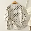 Camisa Artística de Algodón y Lino con Lunares para Mujer, Nuevo Estilo de Verano con Diseño de Botones Estilo Chino, Top Juvenil Transpirable Holgado Vintage para Mujer