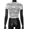 Y2K Nuevo Top Casual Sexy Ajustado de Manga Corta de Encaje Hueco de Color Sólido Redondo Corto para Mujer para Exportación