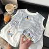 Conjunto de Shorts Casuales para Niños y Niñas Verano Nuevo Estilo Bordado de Dibujos Animados Algodón Puro Chaleco Rayado sin Mangas para Niños Bebé