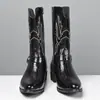 Botas de Cowboy Ocidentais Masculinas Padrão Crocodilo Bico Fino Meia-Canela Estilo Britânico Fivela Bordada Botas de Equitação Masculinas Tendência