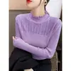Camiseta base suave y delicada para mujer, estilo francés con cuello medio alto y ribete de encaje, top de punto fino con elegante diseño de malla hueca, OEM