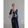 Top de manga larga para mujer Lil's, elegante, color azul marino con contraste, cuello redondo, diseño de dos piezas simulado y tirantes de corbata, camiseta de otoño