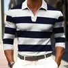 Camisa Polo Casual de Negócios com Gola Lapela e Manga Longa, Estilo Europeu e Americano Transfronteiriço, Nova Tendência, Estampa 3D, Blocos de Cor, Corte Slim, Roupa de Trabalho