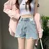 Shorts Jeans Rasgado Azul Claro Feminino Verão 2025 Novo Cintura Alta Emagrecedor Pequeno Formato A Perna Larga Hot Pants