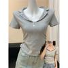 Camiseta polo de manga corta con solapa de color liso americano para mujer, camiseta de verano con cuello en V y corte entallado, camiseta interior corta