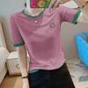 T-shirt popular de verão de manga curta em algodão slub top deste ano para mulheres coreanas plus size, bordada, solta, com cores contrastantes, combina com tudo