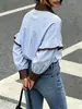 Camisa Top de Mujer Estilo Coreano Estilo Universitario Casual Holgada Rayada Manga Larga Colección Otoño 2026 Europea y Americana