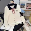 Bordado de cachorro, color contrastante, cuello camisero, top de punto de manga larga con lazo desmontable, estilo universitario, suéter juvenil
