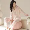 Algodón PuroPijama de Manga Larga para Mujer Otoño Nuevo Estilo Cárdigan Dibujos Animados Pantalones Largos Lindo Lunares Conjunto de Ropa para el Hogar Primavera Otoño